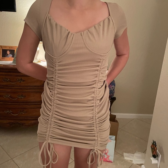 Almost Famous Tan Ruched Mini Dress - Picture 1 of 5